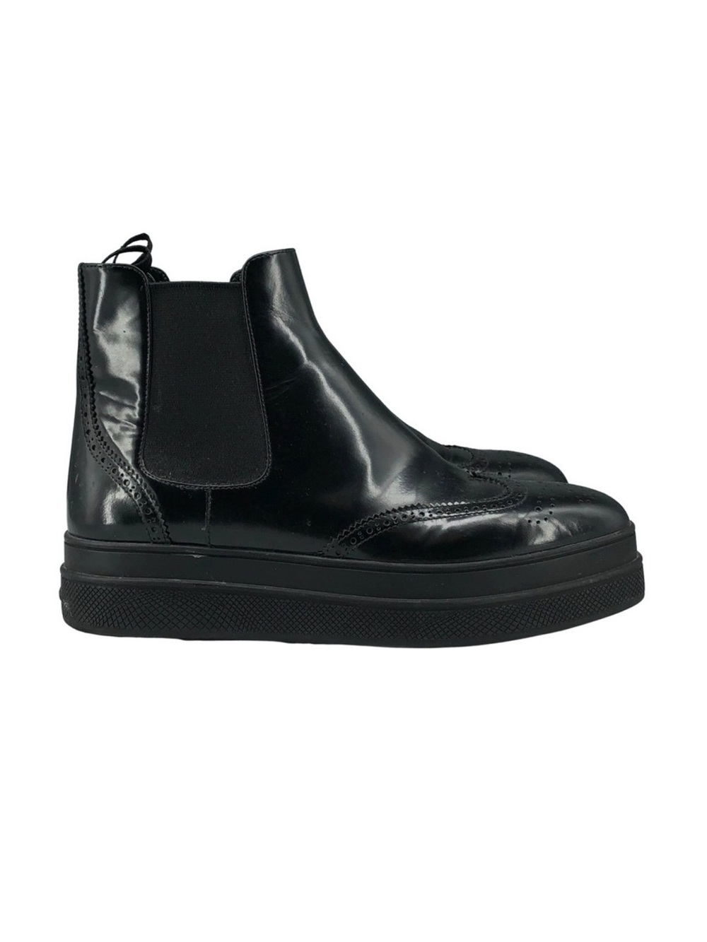 Prada Black Leather Brogue Chelsea Platform Boots Size 38